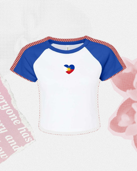 Filipino heart baby tee with blue sleeves and kilig heart design