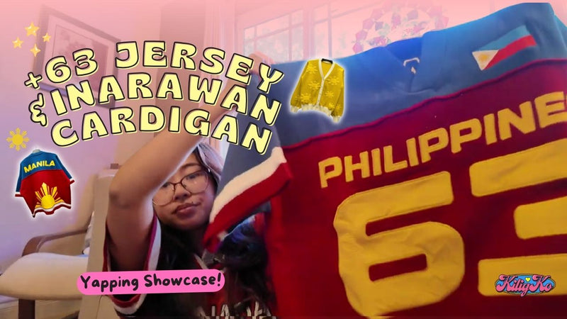Youtube Cover Thumbnail Sarah Showcasing Kilig Ko 63 Jersey and Inarawan cardigan with graphics and text '63 jersey and inarawan cardigan'