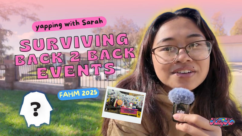 Youtube thumbnail photo of a woman with cute graphics and text ' Yapping with sarah, surviving back to back events'