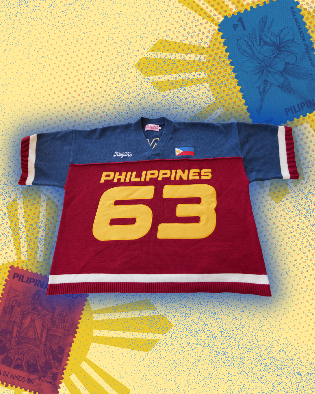 knit jersey in red and blue with big '63' text and ' philippines front side of 63 jersey