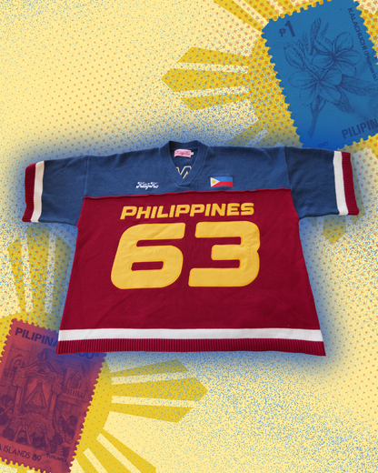 knit jersey in red and blue with big '63' text and ' philippines front side of 63 jersey