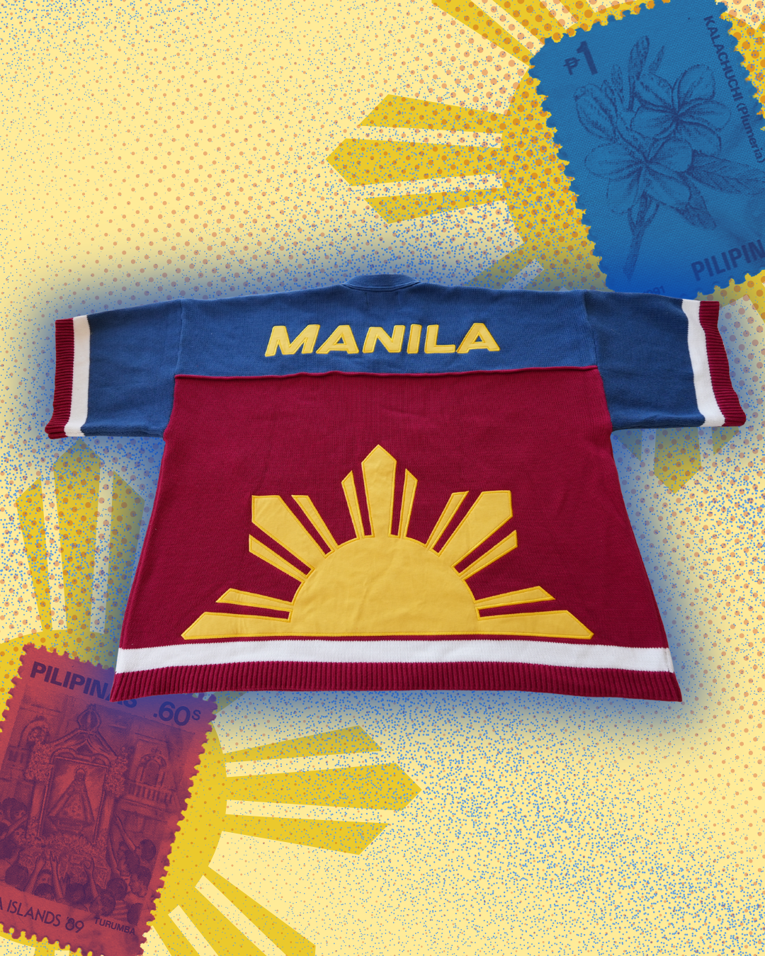 63 jersey backside red and blue knit jersey with half sun and 'manila' text