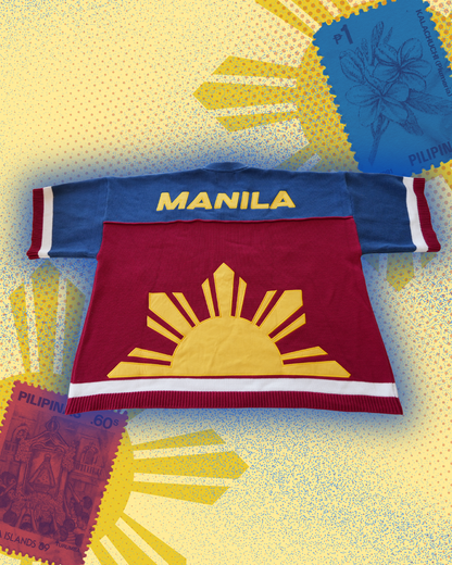 63 jersey backside red and blue knit jersey with half sun and 'manila' text