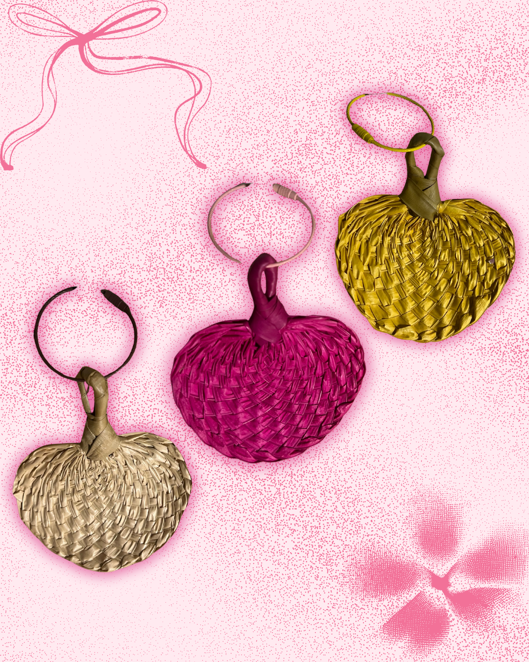 Three woven filipino abaniko in mini version.With round wire keychain attached. Three colors: pink, yellow, and natural (beige)