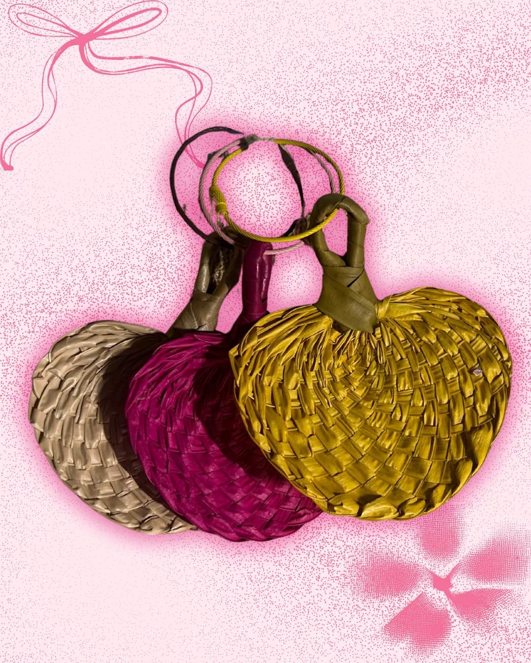 Three woven filipino abaniko in mini version.With round wire keychain attached. Three colors: pink, yellow, and natural (beige)