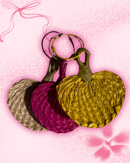 Three woven filipino abaniko in mini version.With round wire keychain attached. Three colors: pink, yellow, and natural (beige)