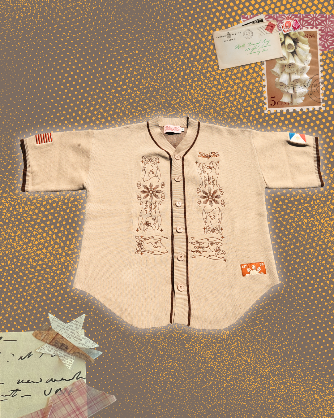 Baseball style knit jersey brown tone with philippine traditional barong elements embroidered