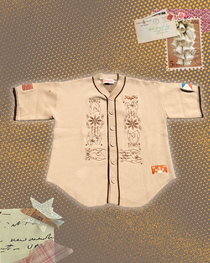 Baseball style knit jersey brown tone with philippine traditional barong elements embroidered