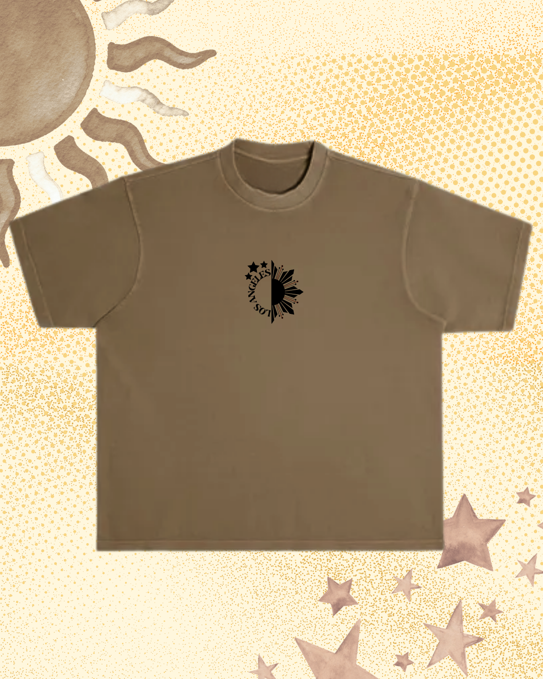 Brown t-shirt with a black star and sun graphic with text Los Angeles