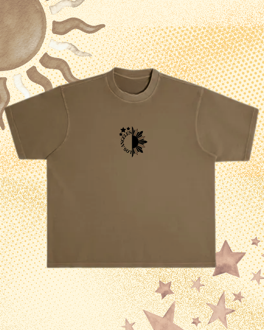 Brown t-shirt with a black star and sun graphic with text Los Angeles