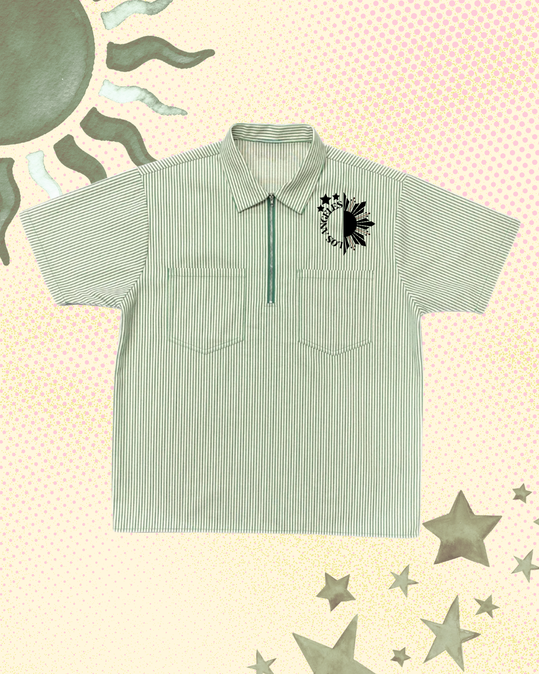 Striped GREEN collared shirt with sun and star graphics and 'Los Angeles' text