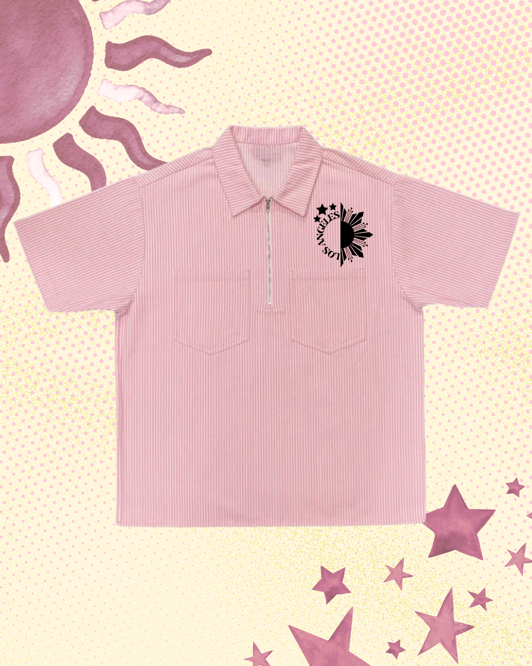 Striped Red collared shirt with sun and star graphics and 'Los Angeles' text