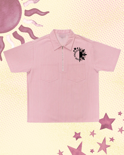 Striped Red collared shirt with sun and star graphics and 'Los Angeles' text