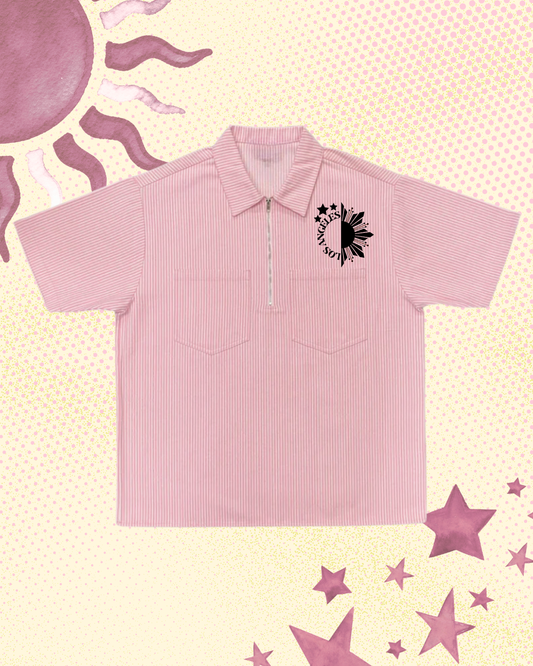 Striped Red collared shirt with sun and star graphics and 'Los Angeles' text