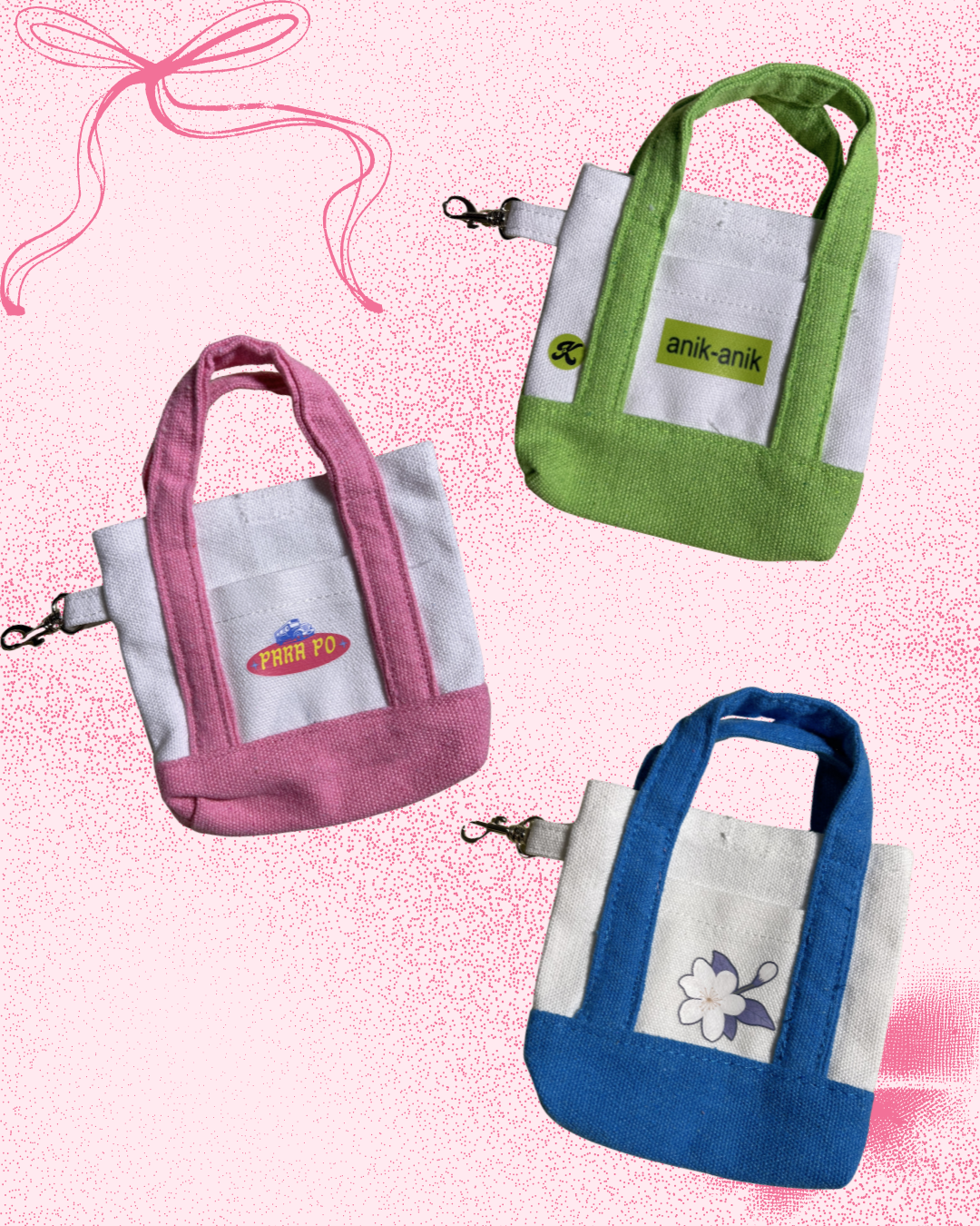 Three kilig komicro tote designs in pink, green, and blue