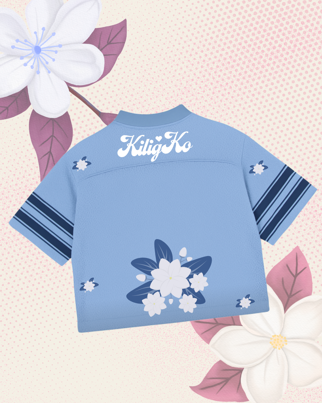 Kilig Ko Sampaguita Blue Mesh Jersey Floral flat lay back side
