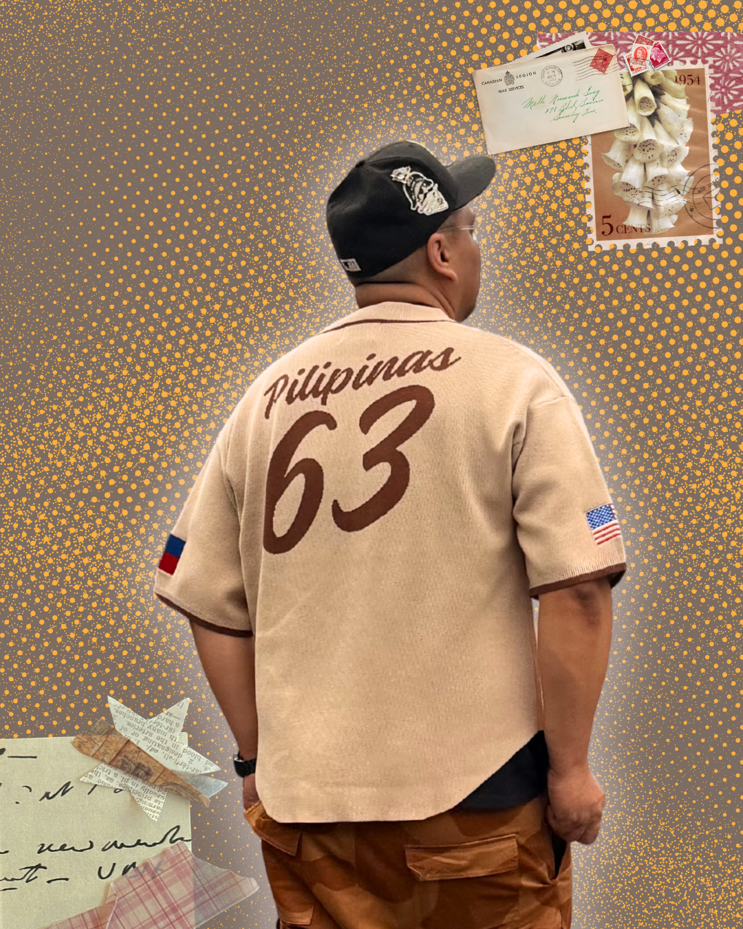 Male model wearing baseball barong showing backside with knitted text 'Pilipinas' and 63