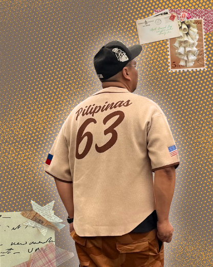 Male model wearing baseball barong showing backside with knitted text 'Pilipinas' and 63