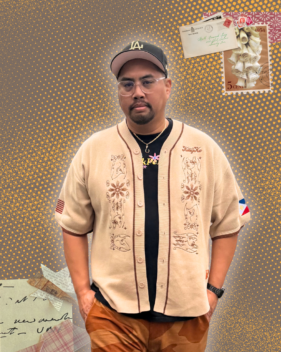 Male model wearing baseball barong - a baseball style short sleeved top with embroidered barong elements
