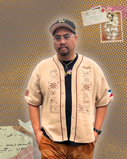 Male model wearing baseball barong - a baseball style short sleeved top with embroidered barong elements