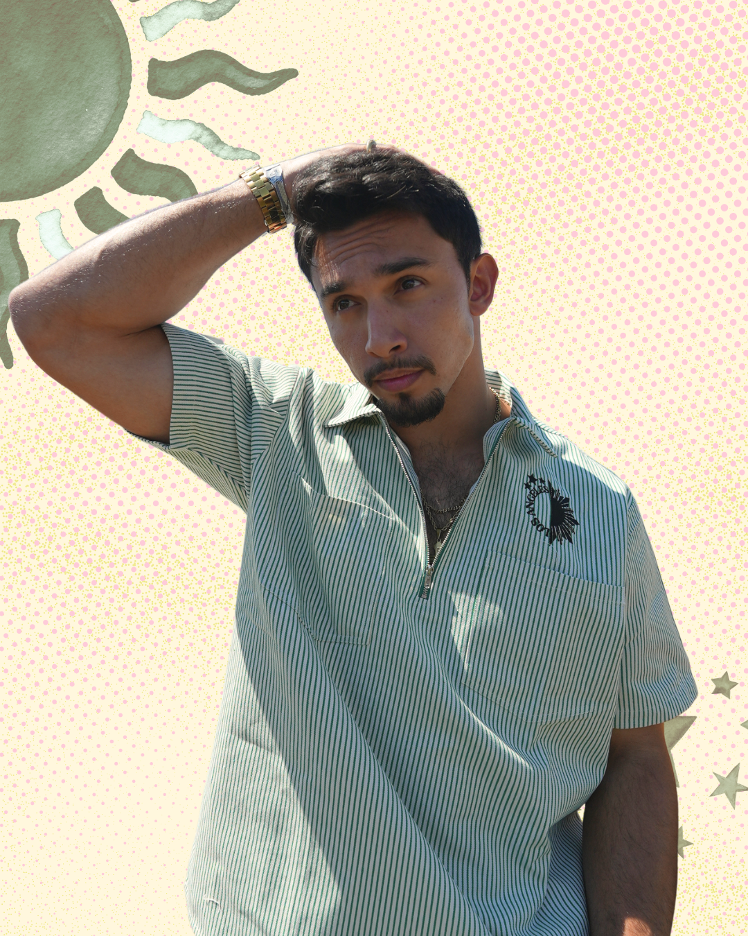 Model wearing green LA locals tee striped shirt with collar
