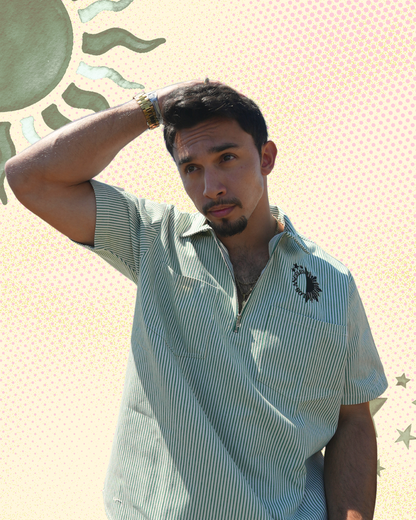 Model wearing green LA locals tee striped shirt with collar