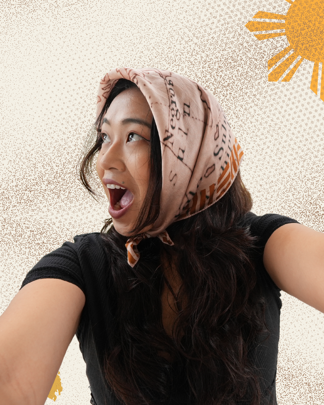 Woman wearing mapa scarf as headscarf with a textured beige background.