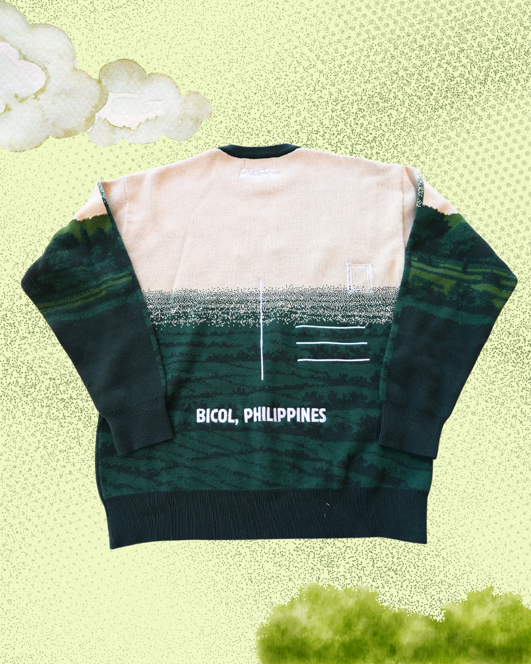 Green and beige sweater with 'Bicol, Philippines' text on a light green background