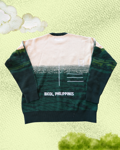 Green and beige sweater with 'Bicol, Philippines' text on a light green background
