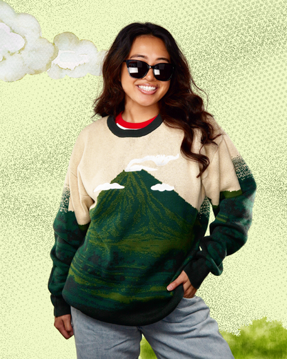 Person wearing a sweater with a mountain design on a light green background