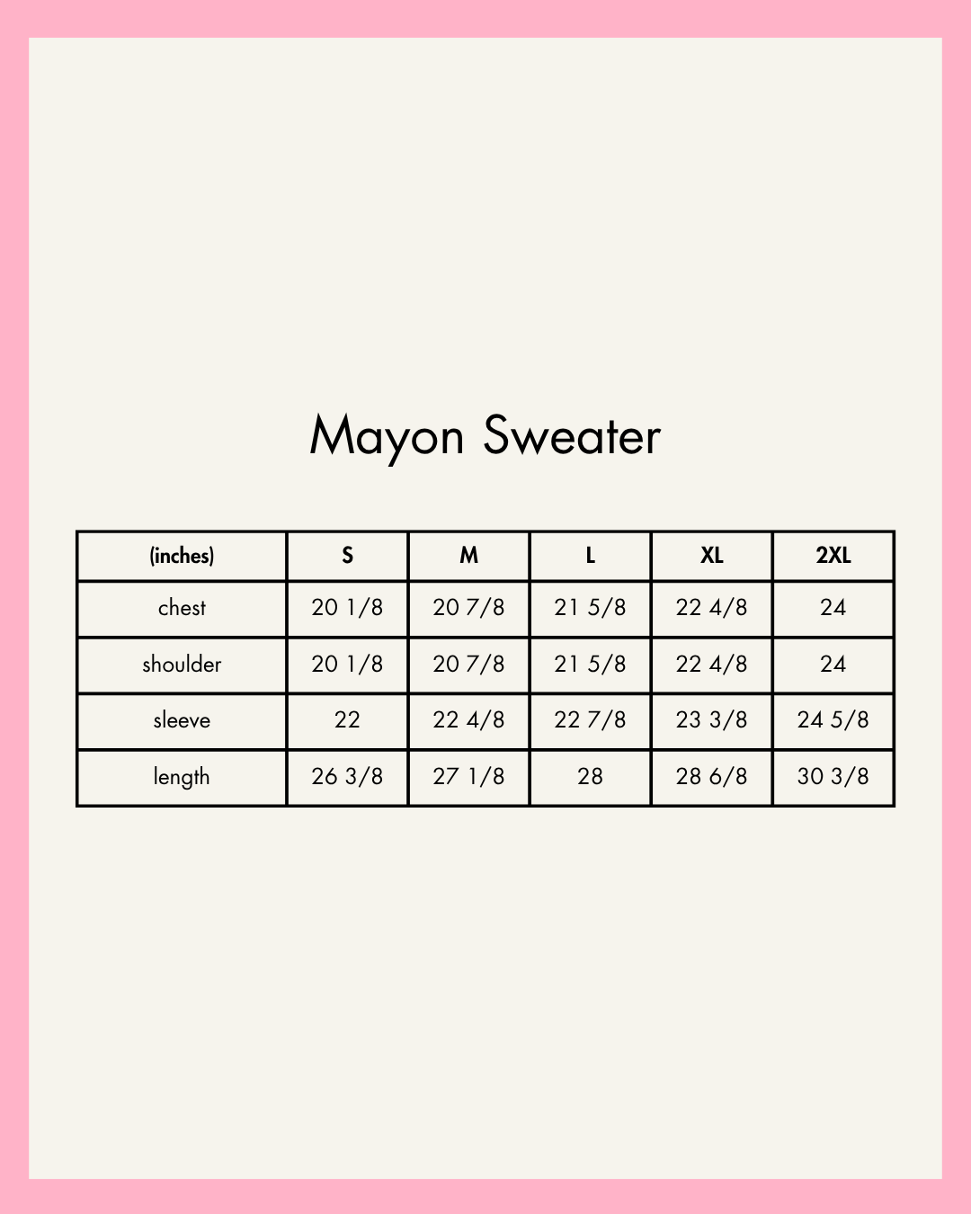 Measurement chart for Mayon Sweater with size chart on a pink border