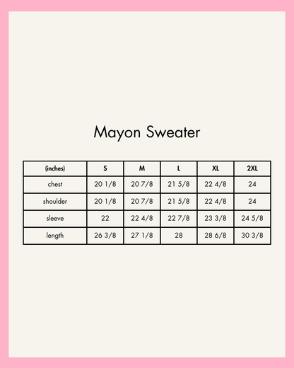 Measurement chart for Mayon Sweater with size chart on a pink border