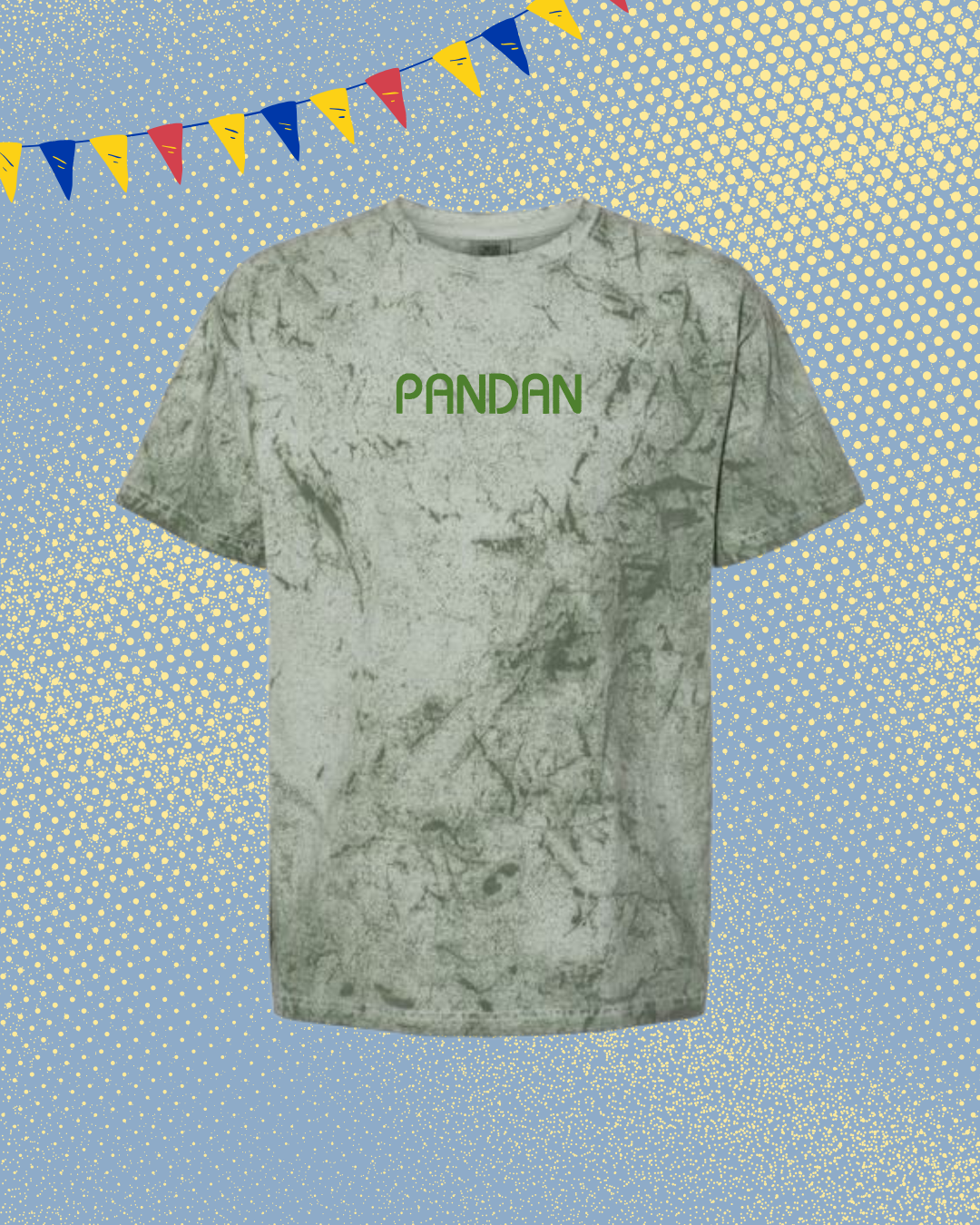 Green tie-dye t-shirt with 'PANDAN' text on a blue background with colorful flags.