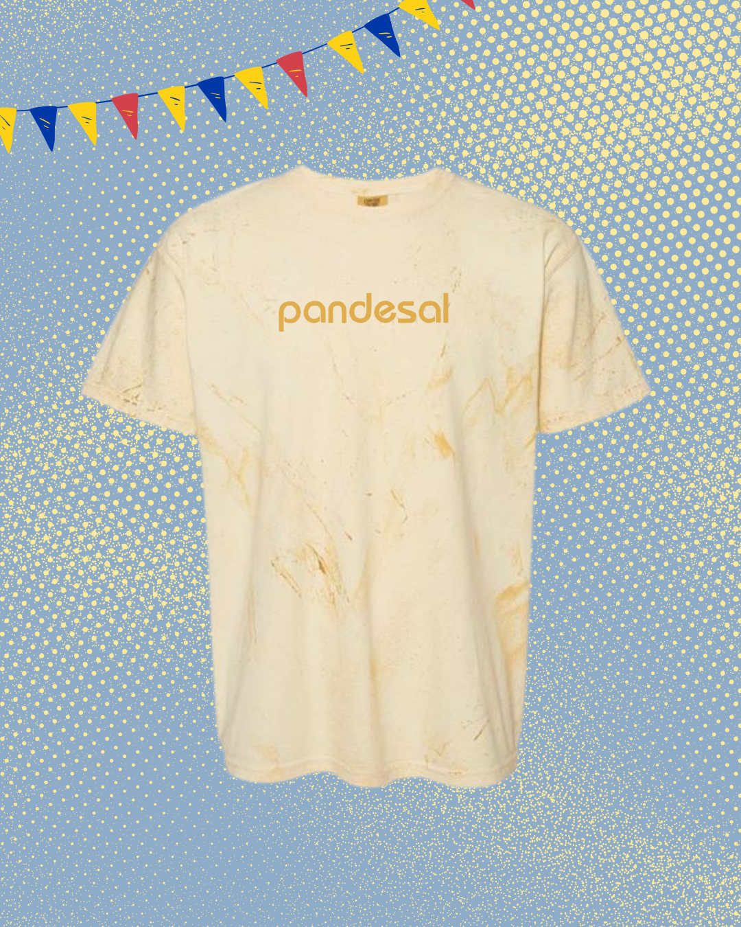 Beige t-shirt with 'pandesal' text on a blue background with yellow polka dots and colorful flags.
