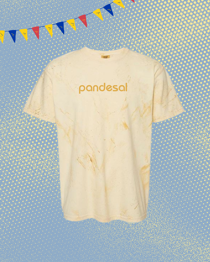 Beige t-shirt with 'pandesal' text on a blue background with yellow polka dots and colorful flags.