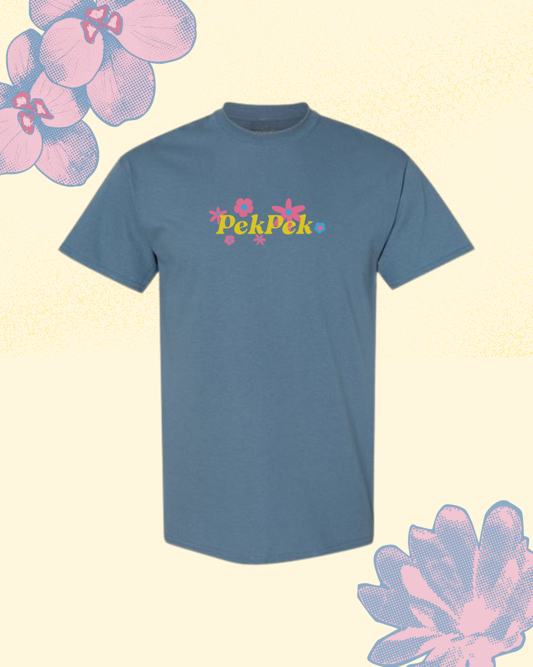 Dark Blue t-shirt with 'PekPek' graphic and text on a light yellow background with floral designs.