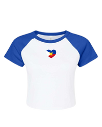 Baby tee raglan shirt with blue sleeves and philippine flag inspireed heart graphic