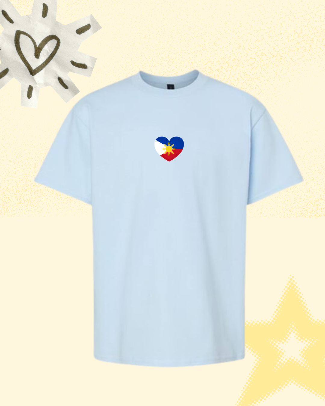 Blue shirt with small heart graphic inspired by Philippine FLAG