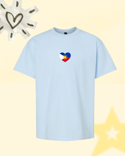 Blue shirt with small heart graphic inspired by Philippine FLAG