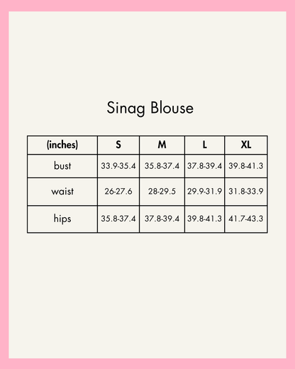 Size chart for Sinag Blouse with measurements in inches on a white background.