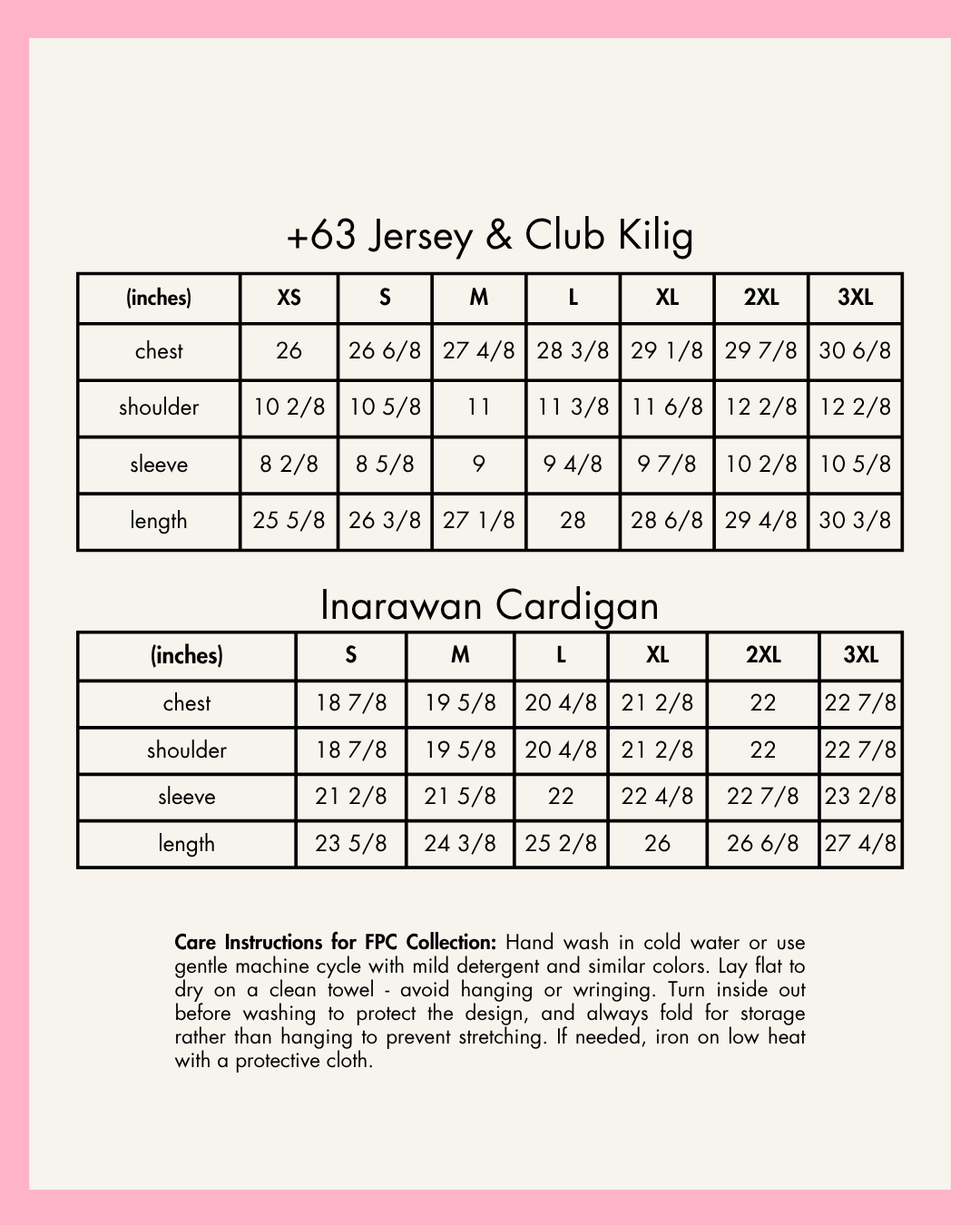 Measurement chart for +63 Jersey & Club Kilig and Inarawan Cardigan with care instructions on a pink background.