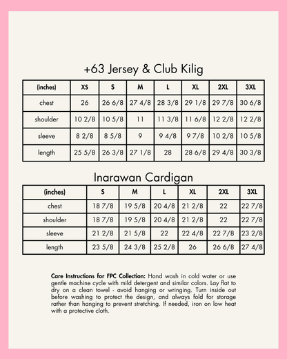 Measurement chart for +63 Jersey & Club Kilig and Inarawan Cardigan with care instructions on a pink background.