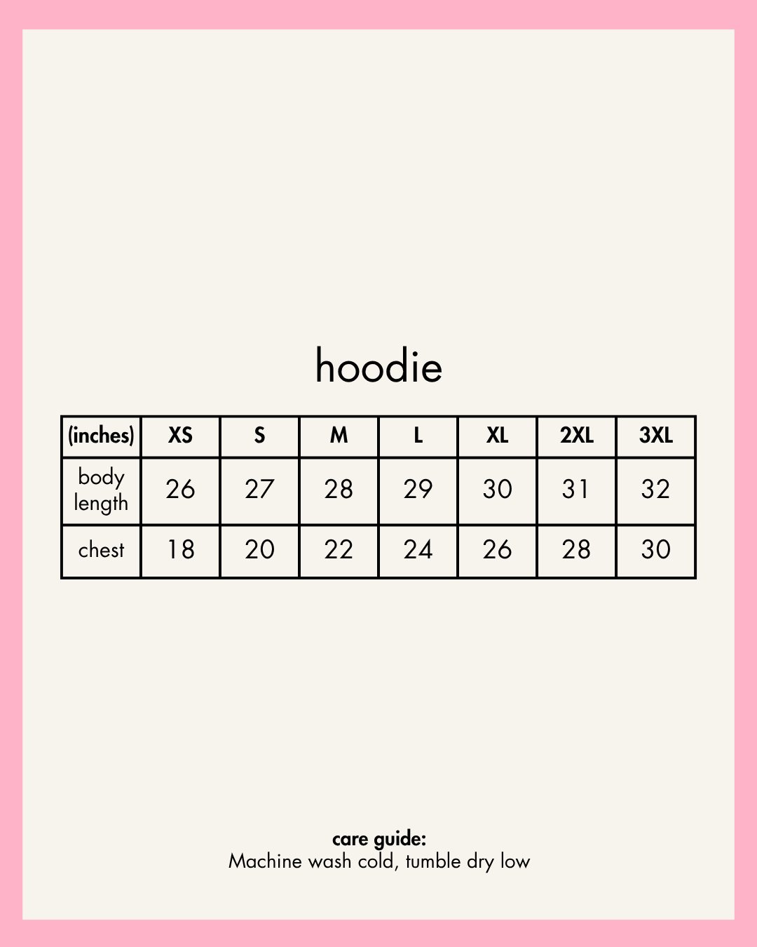 Hoodie size chart with measurements on a white background