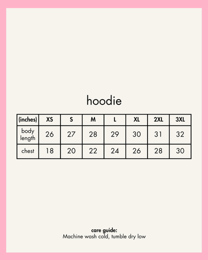 Hoodie size chart with measurements on a white background