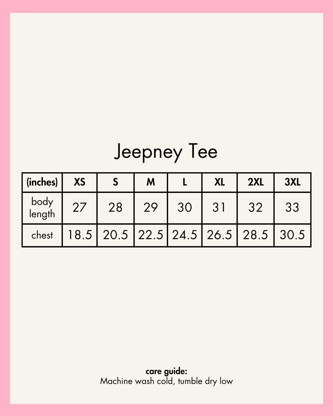 Jeepney Tee Size chart 