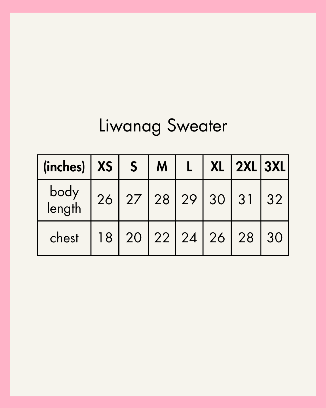 Size chart for Liwanag Sweater with measurements in inches and chest width.