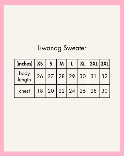 Size chart for Liwanag Sweater with measurements in inches and chest width.