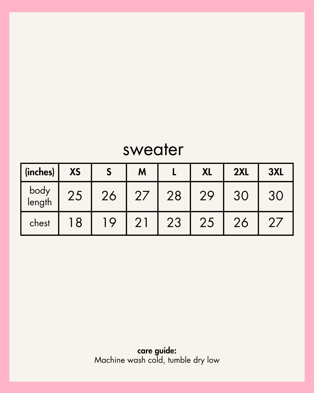 Sweater size chart with measurements on a pink background