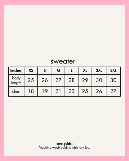 Sweater size chart with measurements on a pink background