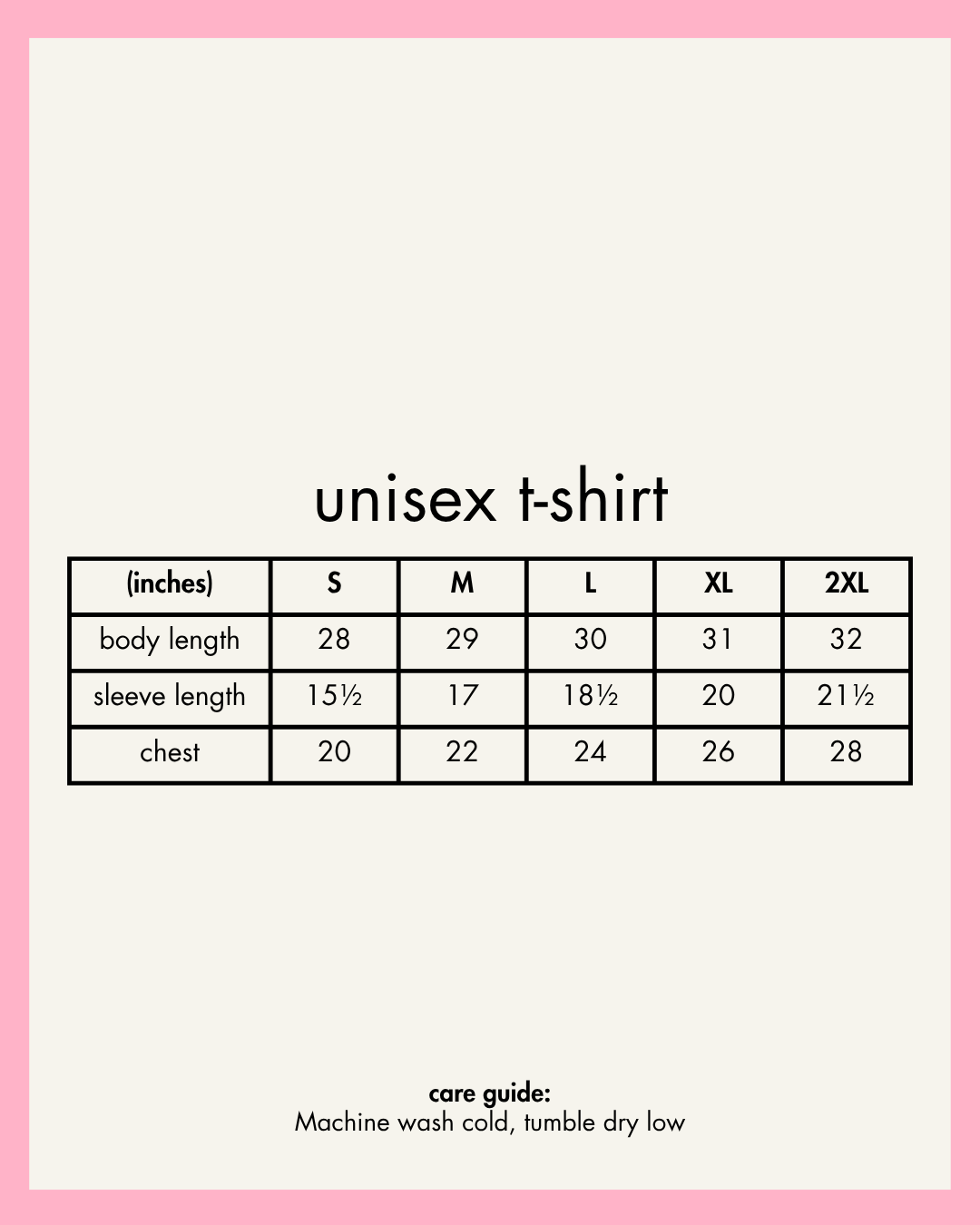 Unisex t-shirt size chart with measurements on a pink border